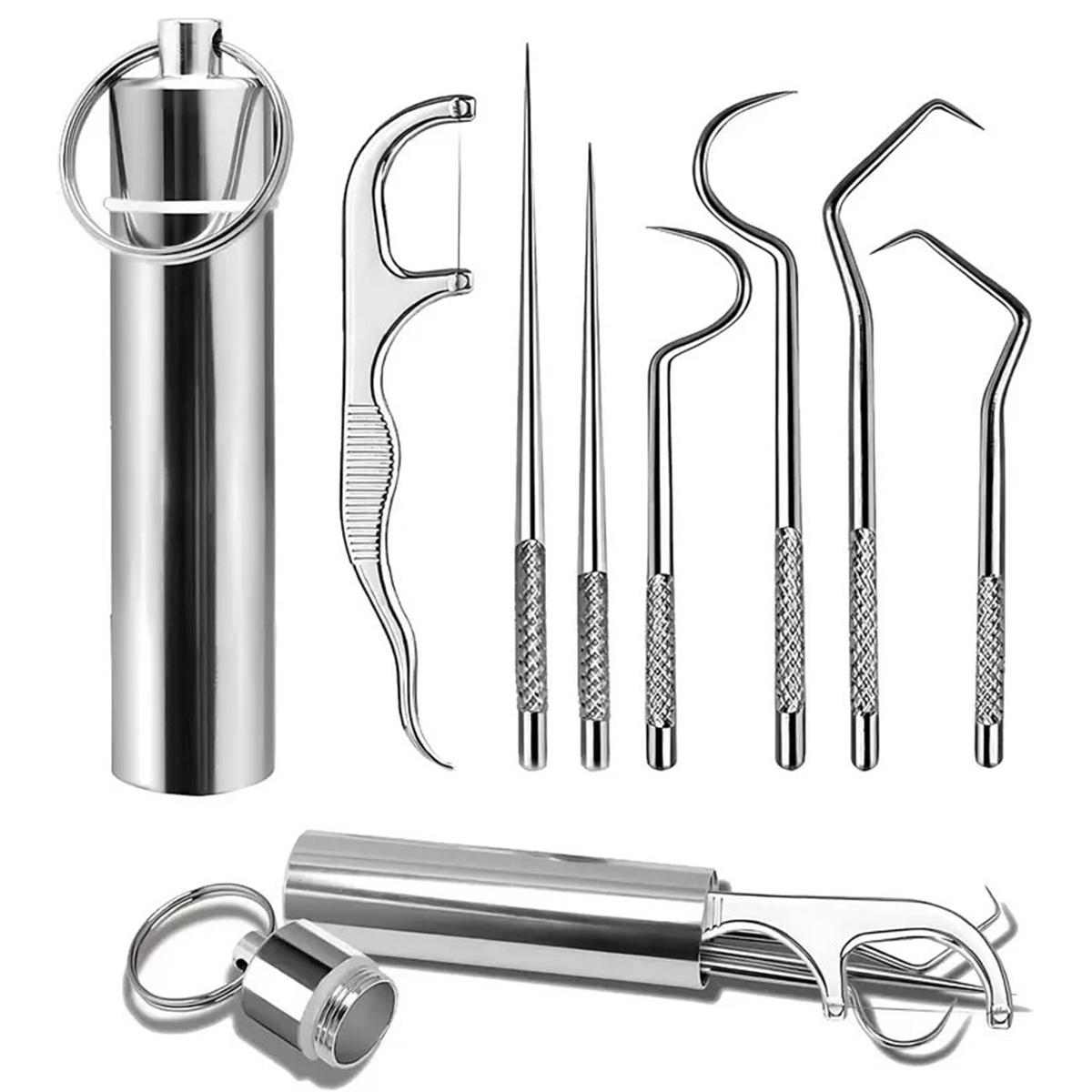 Stainless Steel Toothpick Pocket Set, Reusable Dental Floss Pick, Travel Teeth Cleaning Tools Kit for Outdoor Picnic, Camping, Keychain Design, Oral Care Tool (7PCS/Set)
