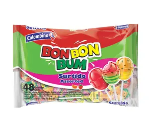 Colombina Bon Bon Bum Assorted Lollipops Fruit Hard Candy, Individually Wrapped Sweet Fruit Pops, 48 Count (Pack of 1)