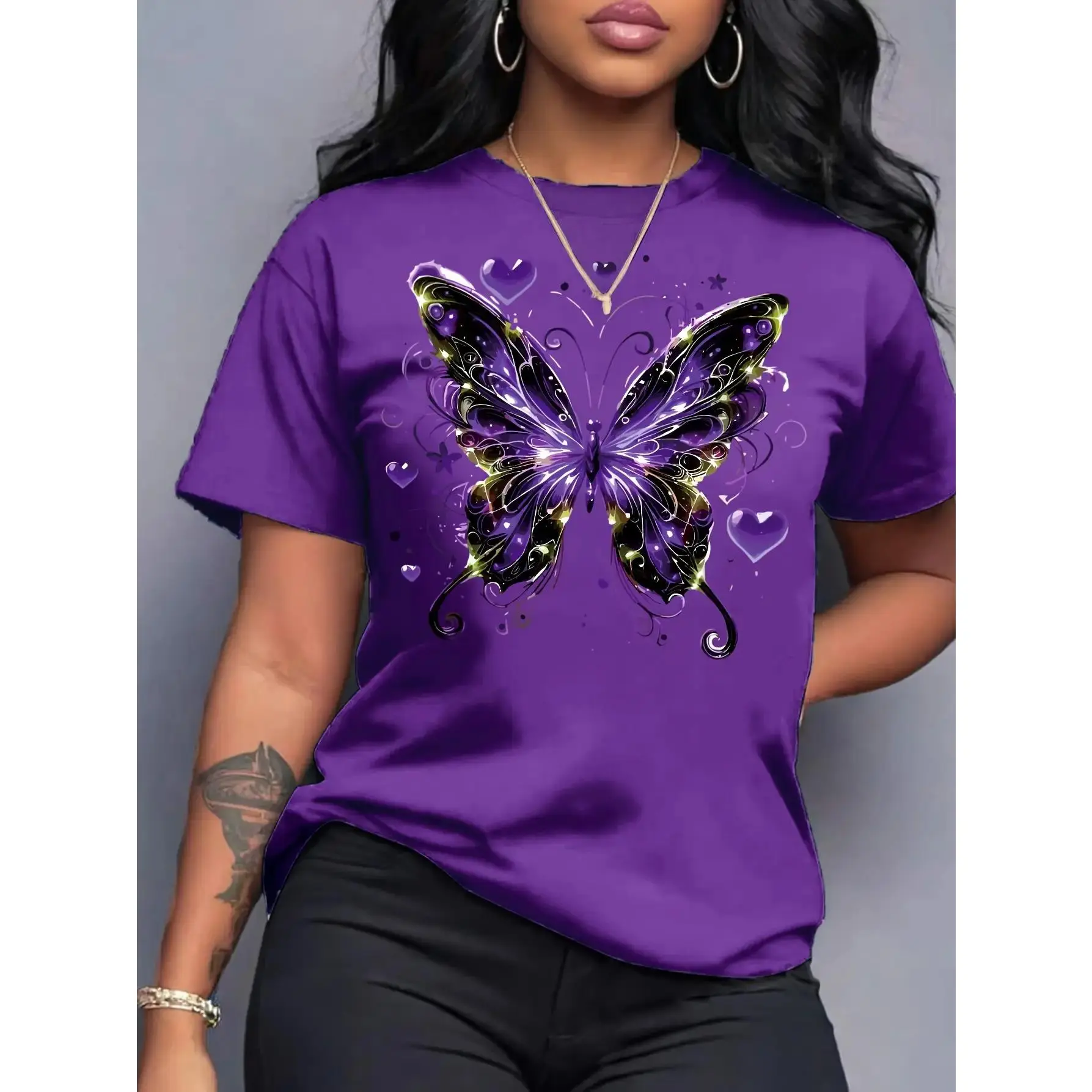 Women's 100% Cotton Short Sleeve T-Shirt - Smooth Fabric, Basic Fit, Sparkly Purple Butterfly & Heart Graphic, Glamorous Romantic Top for Casual Daily Wear & Stylish Outings