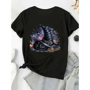 Plus Size Casual T-Shirt Featuring Playful Witch Hat and Black Cat Design Ideal for Spring and Summer Streetwear