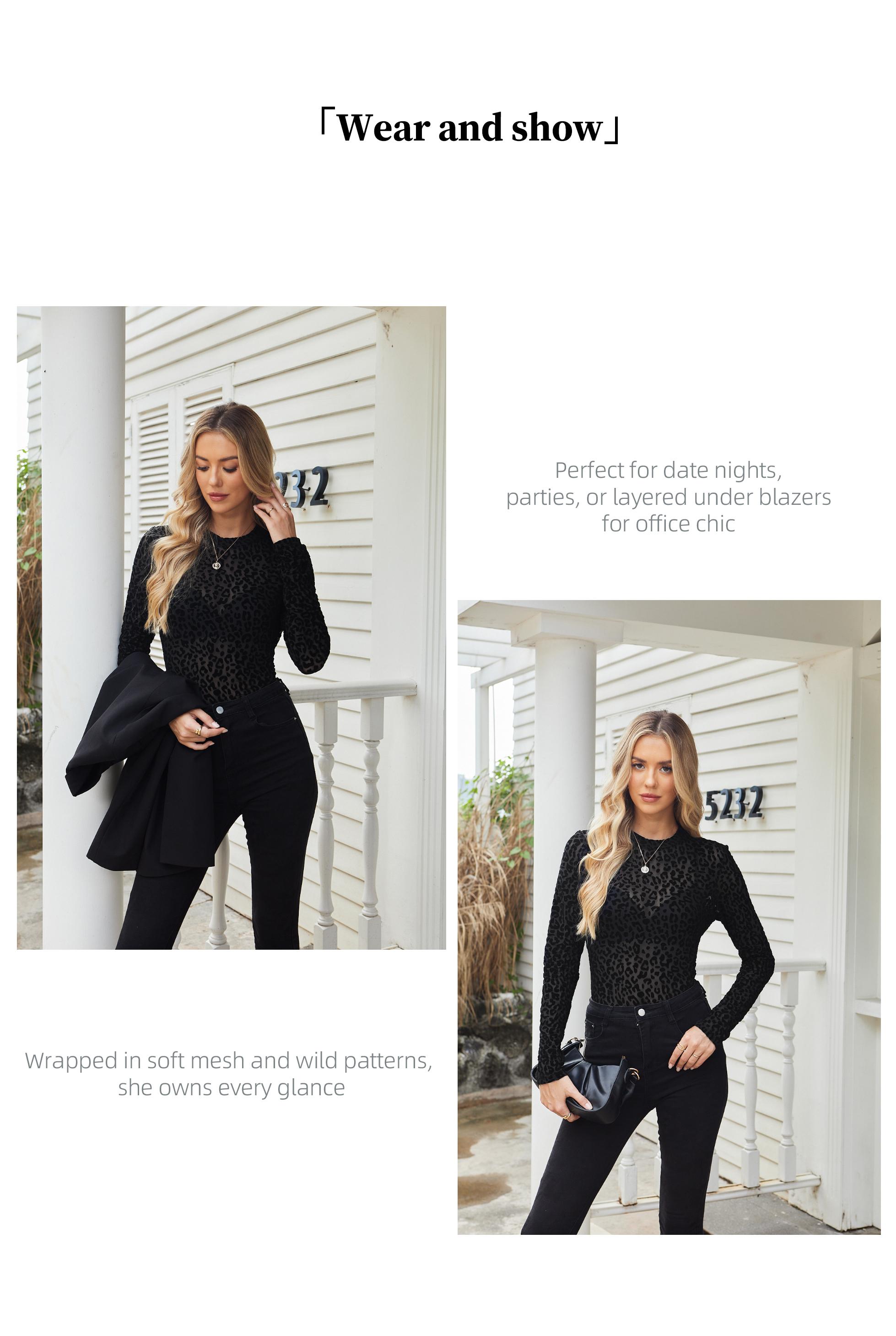 Chicovar Womens LeopardPrint Mock Neck Mesh Top, SexySheer Tshirt, Non-itchy Lace Shirt,Elegant Long Sleeve Shirt for AllSeasons, ldeal for Night Out,Holidays, Party, Concert