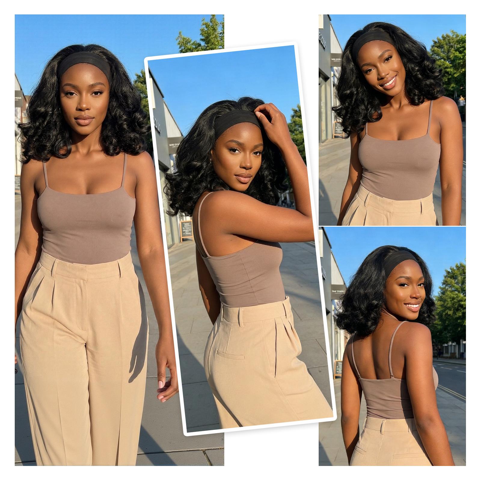 Yaki Curly Headband Wigs for Black Women - Kinky Straight Black Headband Curly Ends Synthetic Wear and Go Glueless Half Wig with Headbands Attached