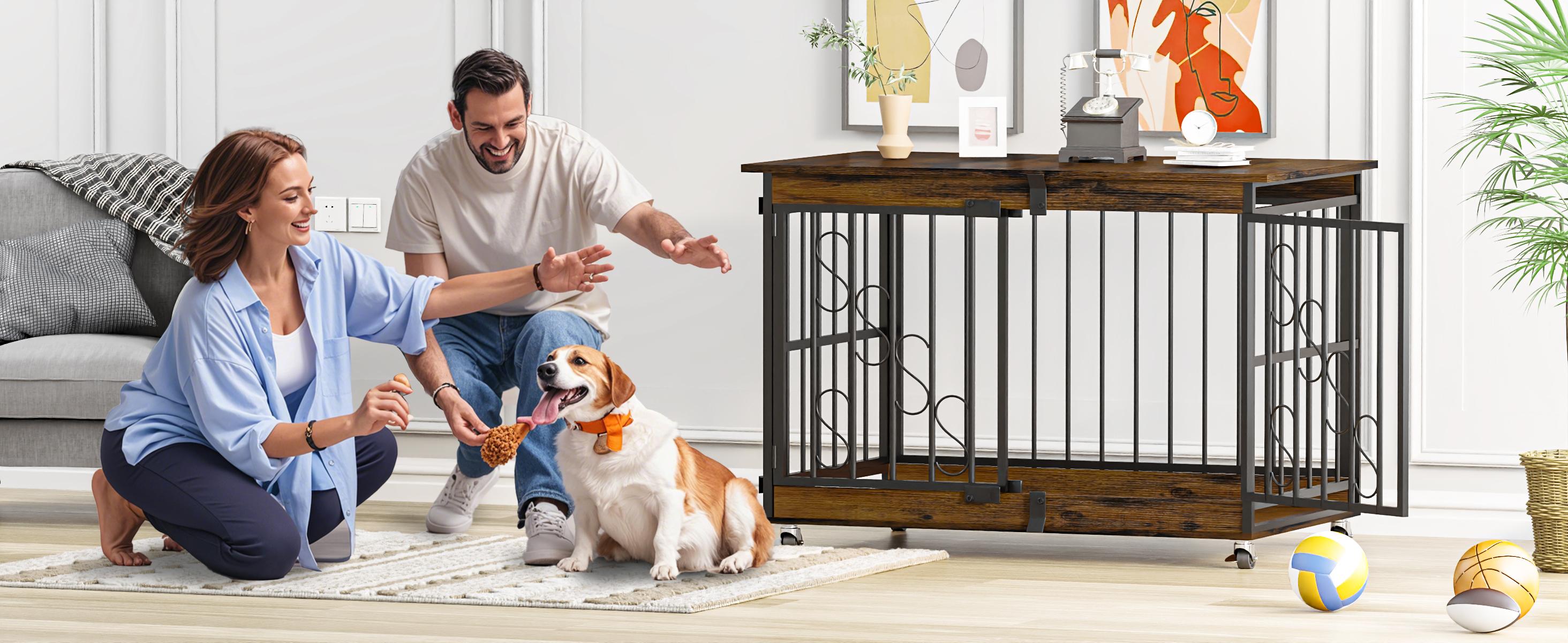 【TreasureFinds】COZPAW  Dog Crate Furniture 48 Inch Wooden Heavy Duty Dog Kennel with Lockable Wheels for Medium/Large Dogs, Three Doors Cage   (Brown)