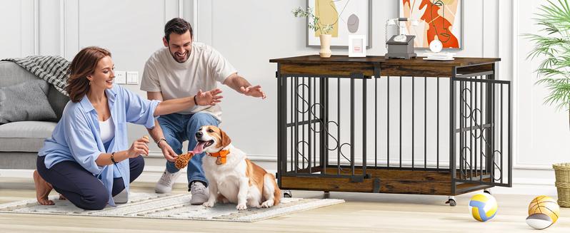 【TreasureFinds】COZPAW  Dog Crate Furniture 48 Inch Wooden Heavy Duty Dog Kennel with Lockable Wheels for Medium/Large Dogs, Three Doors Cage   (Brown)