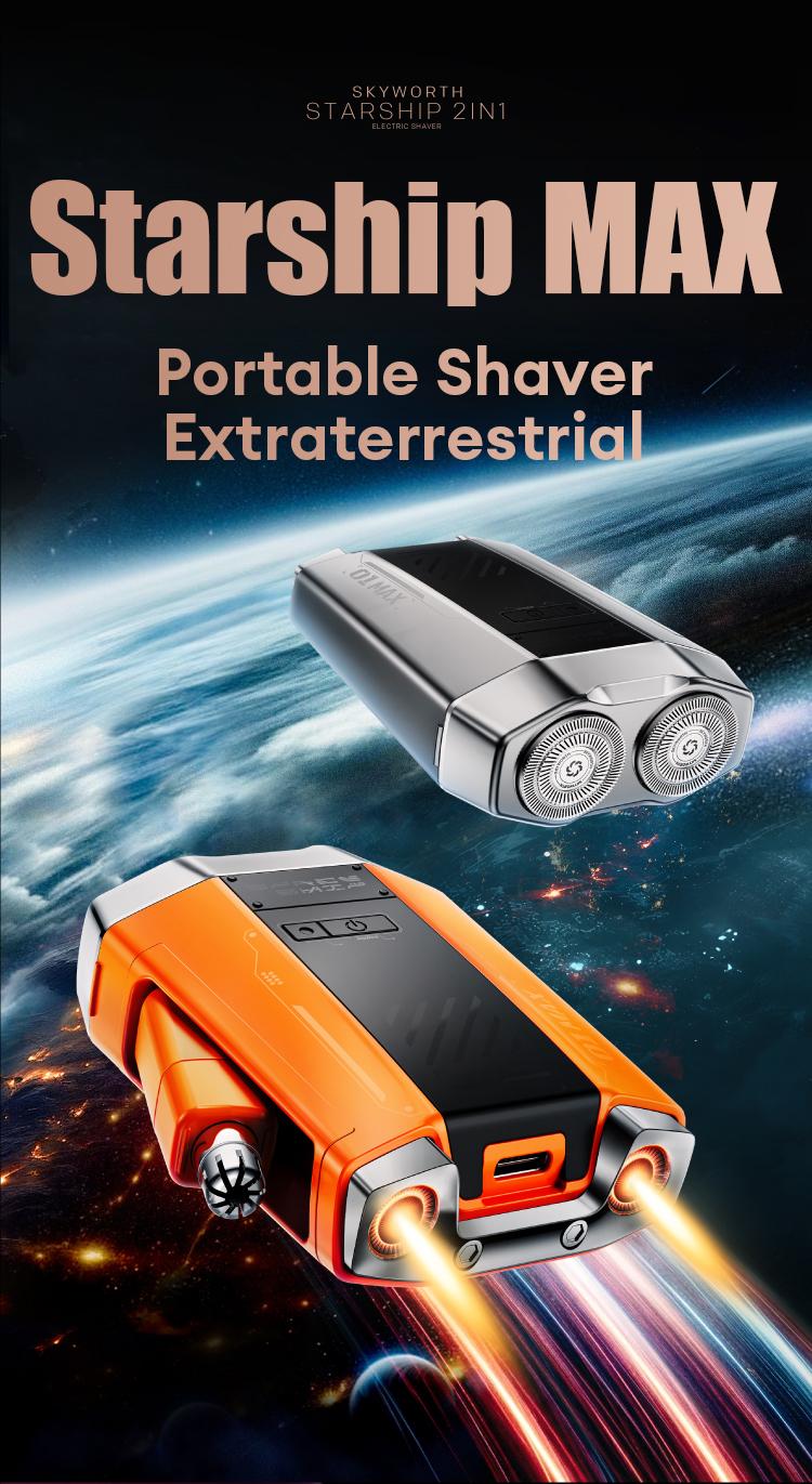 Skyworth XJ32 Dual Ring Shaver, with dual ring floating blade design, high-speed rotating blade, equipped with side wing nose hair trimmer, full body IPX7 waterproof, Long lasting battery life,suitable for short hard beards and delicate men