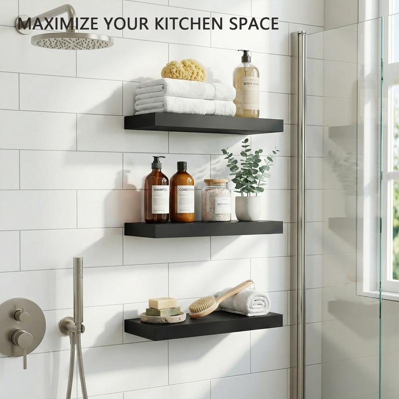 Spaco 14.9" Maple Black Floating Wall Shelves - Modern Wood Storage for Bathroom, Bedroom, Kitchen & Living Room (Invisible Brackets, Decorative & Functional for Books & Organization)