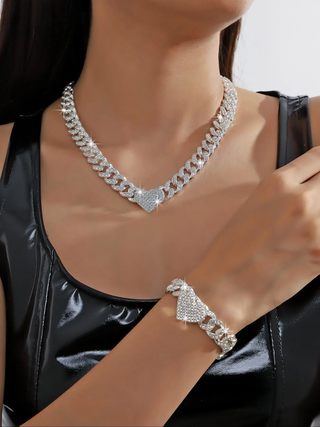 Rhinestone Heart Decor Chain Necklace & Bracelet, Hip Hop Style Vintage Elegant Jewelry Set, Cool Chunky Cuban Chain, for Party, Daily Decor, Trendy Jewelry for Gift, Valentine's Day, Gift, Jewellery Gift Set
