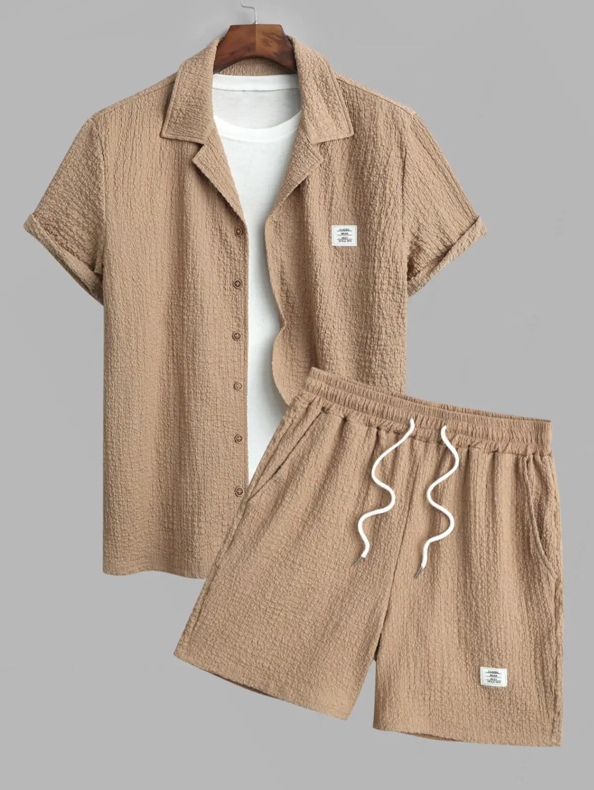 ZAFUL Men's Jacquard Textured Patch Design Camp Collar Button Up Short Sleeves Shirt And Drawstring Casual Shorts Set business