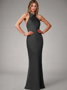 Azazie Velli Mermaid High-Neck Halter Bow Wedding Guest Evening Satin Dress