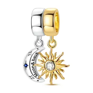 MULA Sun and Moon Pendant Set (2 pieces) – 925 Sterling Silver “Running to the Moon” Crescent Pendant and 14K Gold Plated Sparkling Sun Pendant, compatible with Pandora bracelets and necklaces, a perfect gift for women.