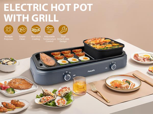 Pukomc ProGrill 2-in-1 Electric Grill | Reversible Grill/Griddle Plate, 1500W Dual-Zone Temp Control, Detachable & Dishwasher Safe, Stainless Steel + Oil Drip Tray