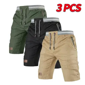 Men’s summer casual bermuda shorts, 3-pack; adjustable elastic waistband with drawstring; striped pockets; leather patch decoration; breathable and comfortable; suitable for outdoor commuting, and versatile basic styling.  fabric wear-resistant