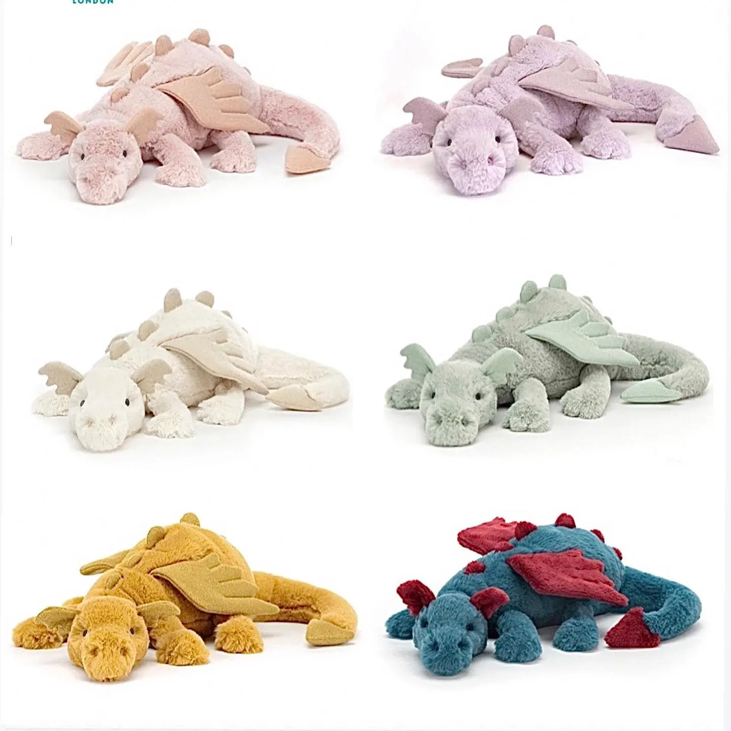 The Jellycat dragon plush (19.6-inch version) stands out with its multicolored fur (pink, white, black, purple, yellow, and blue) and shimmering wings; crafted from soft, touchably smooth material, it makes an ideal gift.