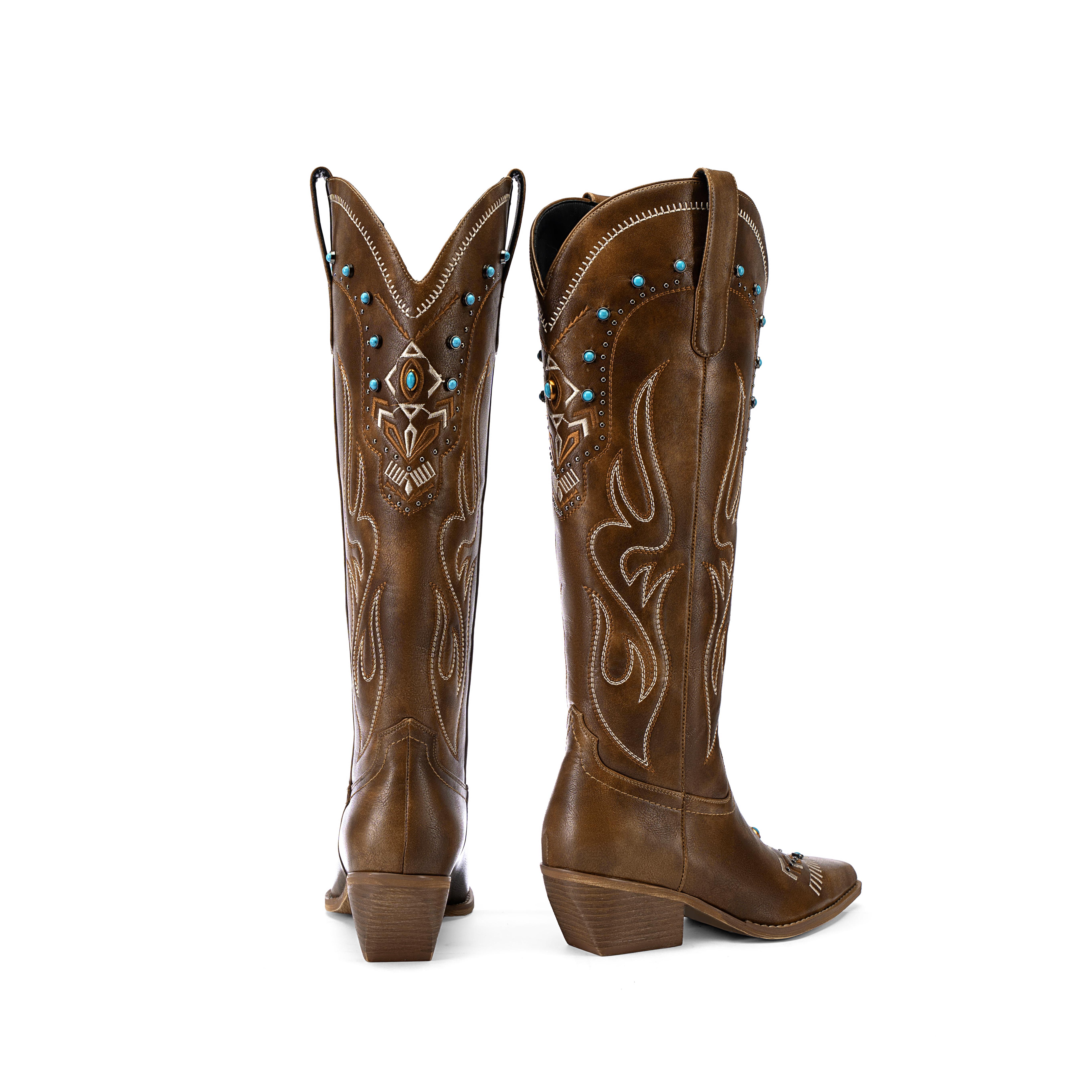 ReneChristine Women's Embroidery Western Cowboy Boots with Studs & Emerald Gemstones, Knee High Wide Calf Cowgirl Boots for Gatherings Weekend Hangouts Black Leather fur boots knee high boots boots for fall thigh high boots brown boots cowgirl boots Sprin