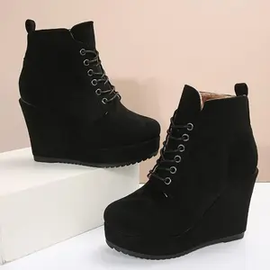 Cozy Thermal Wedge Ankle Boots - Ankle & Bootie - Warm Plush Lined, Lace Up, Platform, Short, Winter Boots for Women Girl Footwear