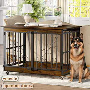 【TreasureFinds】COZPAW  Dog Crate Furniture 48 Inch Wooden Heavy Duty Dog Kennel with Lockable Wheels for Medium/Large Dogs, Three Doors Cage   (Brown)
