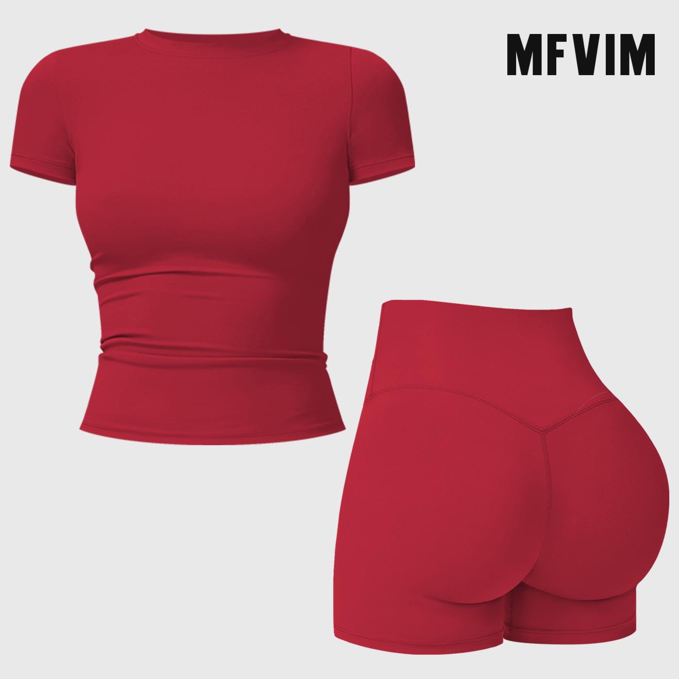 MFVIM 2-Piece Impact  Set for  Women's Long/Short Sleeve T-Shirt Tank Top +  Impact Shorts with Butt Lift, Seamless  Biker Shorts, Going Out  Set,  Clothing, Skinny Sports Apparel, Compression Activewear  Wear  Clothin gym fitness workout Yoga Bottoms Spr