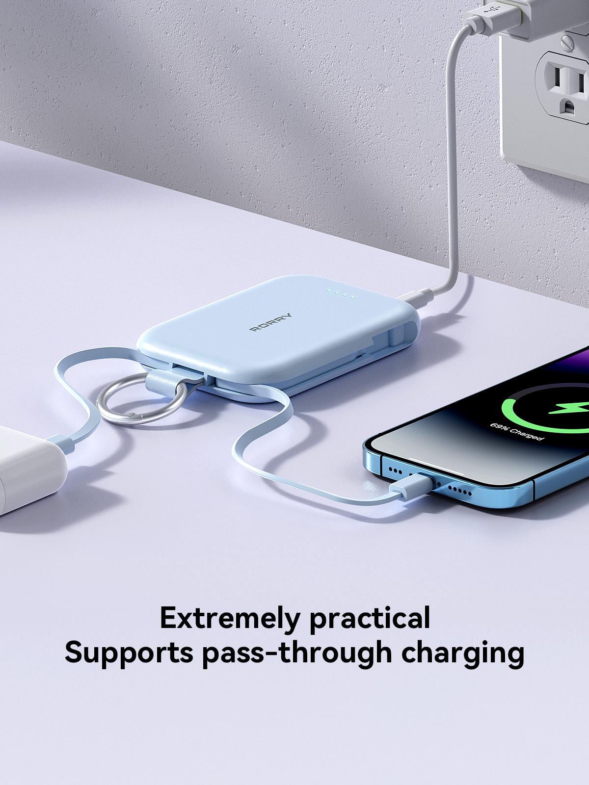 RORRY 5000mAh Portable Dual Cable Power Bank with Keychain for iPhone Android iPad Switch Lightweight Compact Gift Efficient Charging Stylish Design