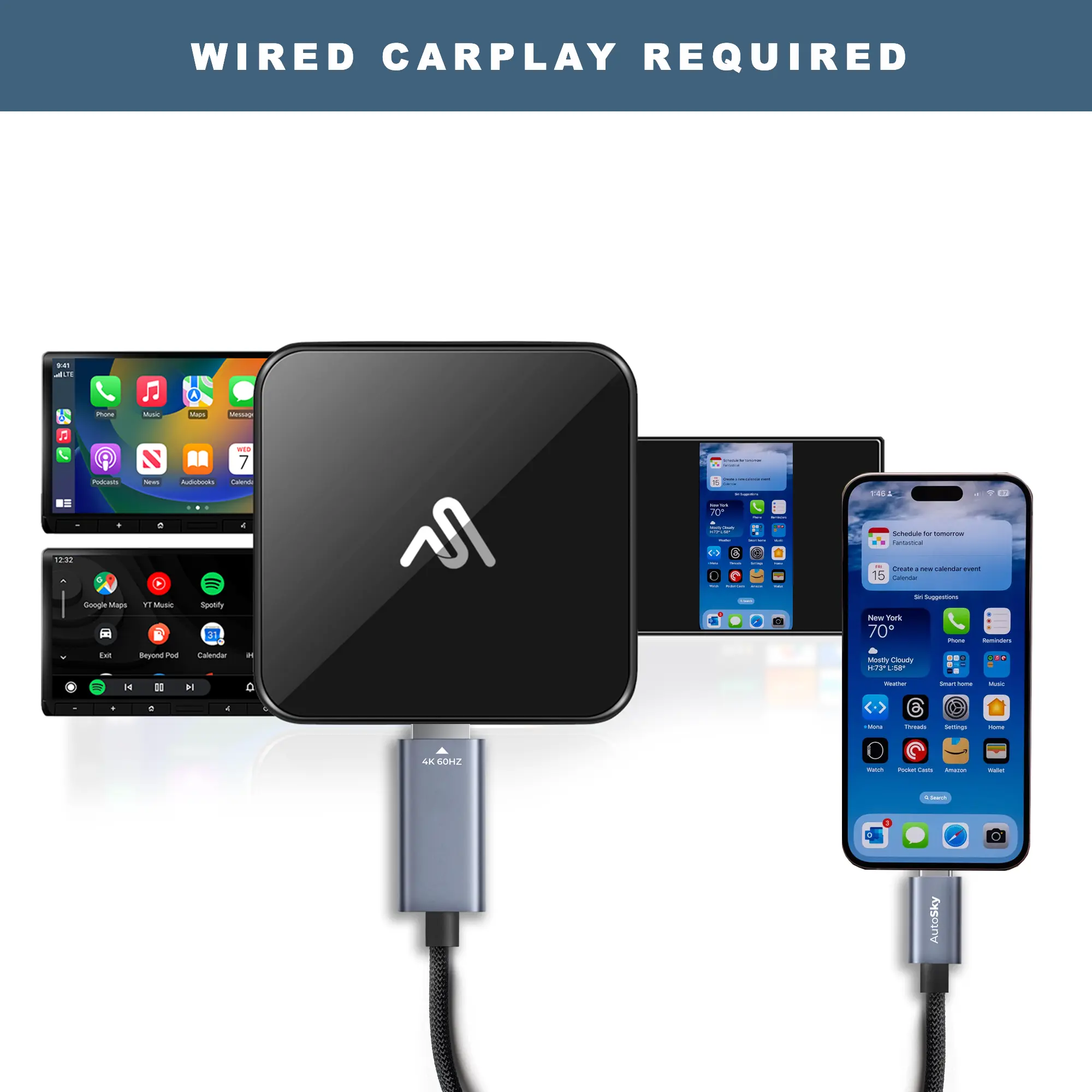 AutoSky Compact Carplay Media Adapter + HDMI-to-USB-C Cable Bundle, 5V Plug-&-Play Accessory with Carplay Dongle Connectivity, Wired-to-Wireless Converter for TV Stick on Vehicle Infotainment Systems, HDMI Input for TV Sticks and Media, Wireless Display,