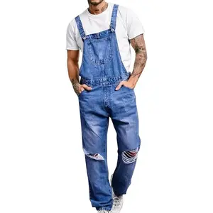 Runcati Men's Denim Bib Overall Ripped Jean Fashion Adjustable Strap Hippie Distressed Jumpsuit