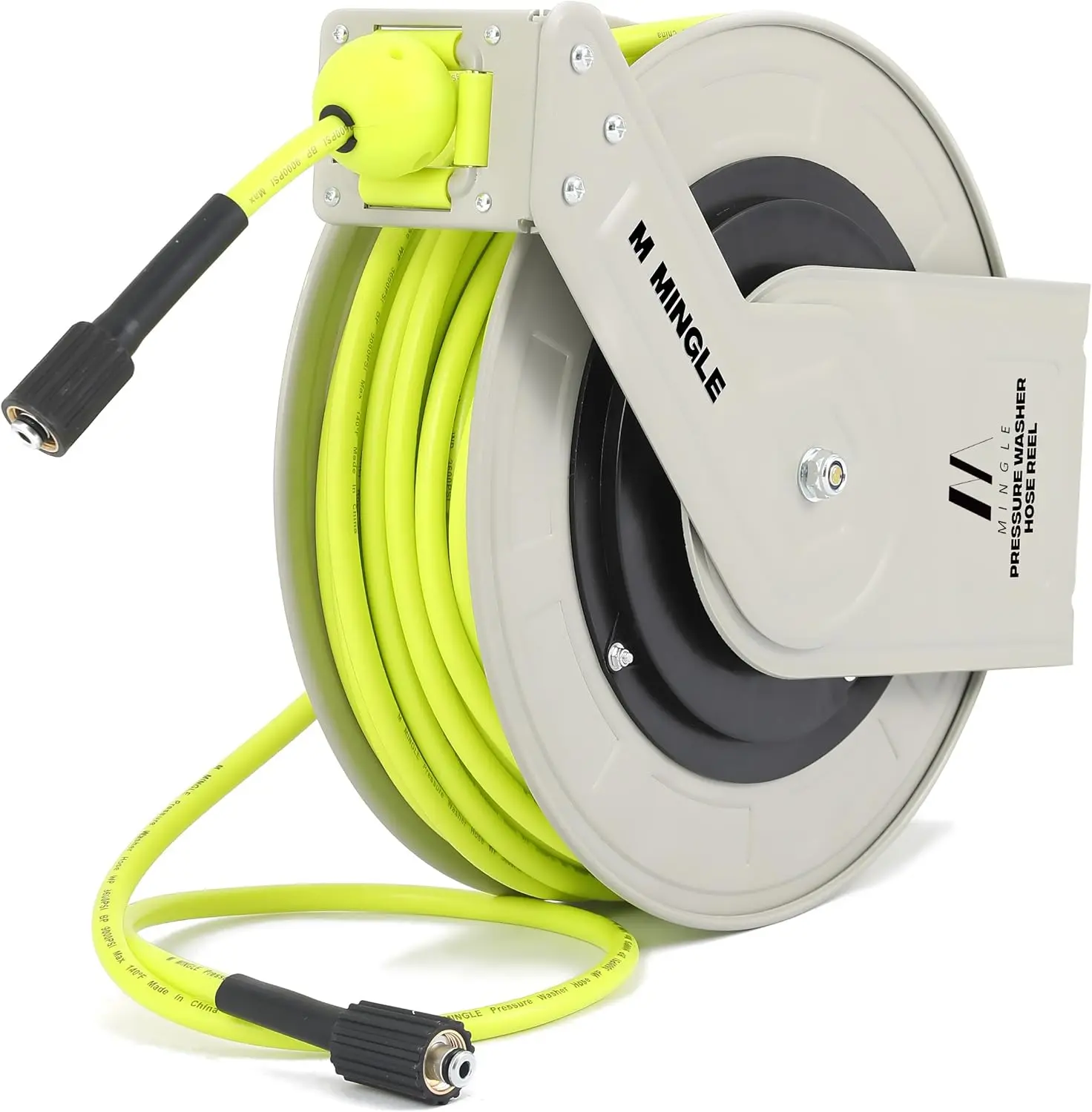 M MINGLE Retractable Pressure Washer Hose Reel, 1/4" × 100ft Heavy Duty Professional Hose Reel, Auto Rewind Power Washer Hose Reel, Wall/Floor Mounted, 3600 PSI