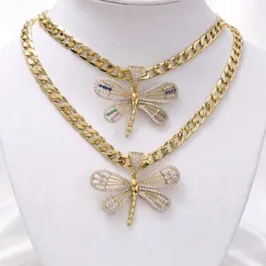 Cuban Chain with Dragonfly Pendant 6mm x 20 inches Clear & Multicolor Design Gold Plated Necklace