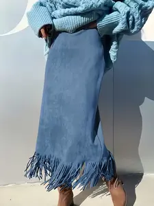Plus Size Women's Western Cowboy Style Solid Color Fringe Skirt WJ10428666 Polyester Medium Stretch Spring Fall Bottom Elegant Tassel Details - Fabric
