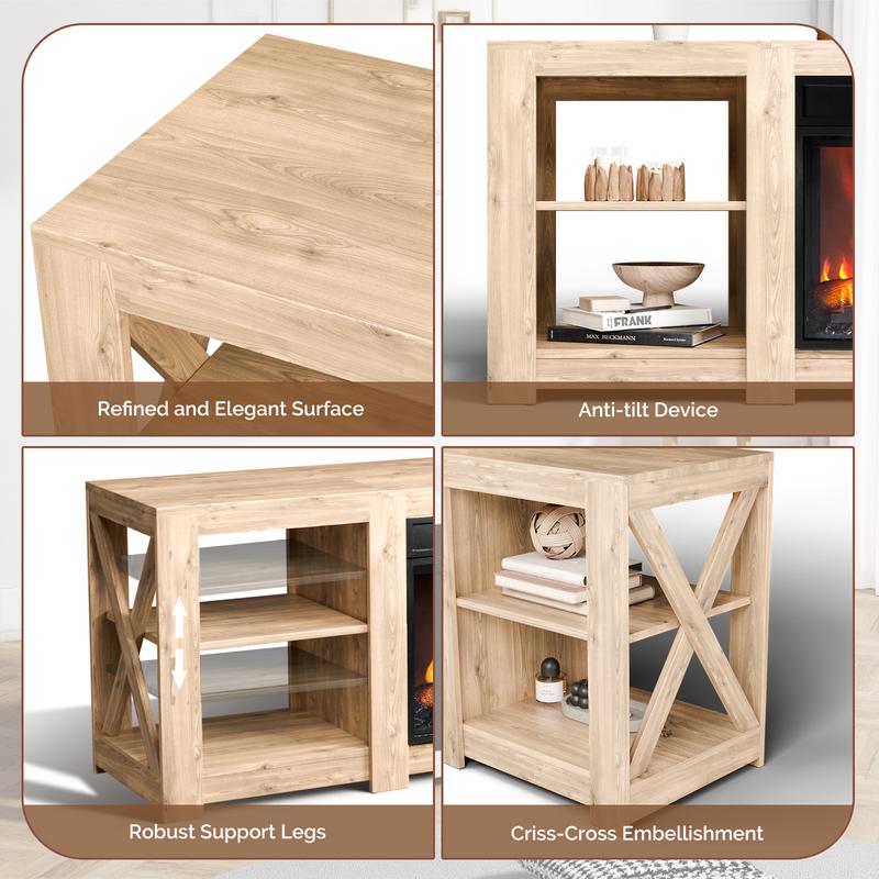 Fireplace Media Console Table for Living Room, Fireplace TV Stand for up to 70'' TVs, Modern Entertainment Center with 18'' Electric Fireplace Heater