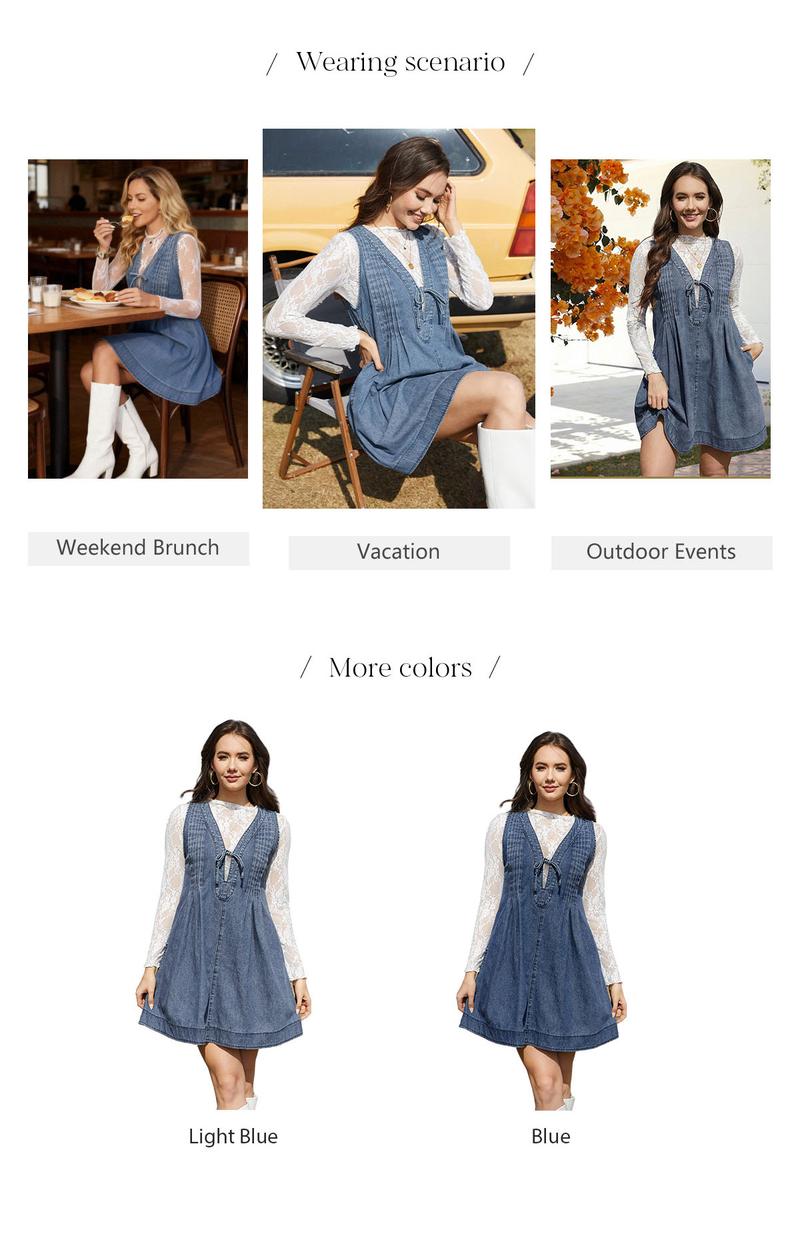 Chicovar Women's Oversized Vintage Denim Mini Dress, Sleeveless V-Neck Tie Front Ruffle Layered A-Line Tunic with Pockets & Front Pleats, Casual Outfit