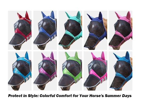 Harrison Howard Pro Luminous Horse Fly Mask Colorful Full Size with Large Eye Space, Long Nose & Ears for UV Protection