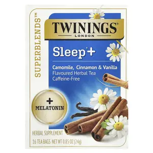 Twinings Sleep+ with Melatonin Herbal Tea, Camomile, Cinnamon & Vanilla, Caffeine Free, 16 Tea Bags, 0.85 oz (24 g)