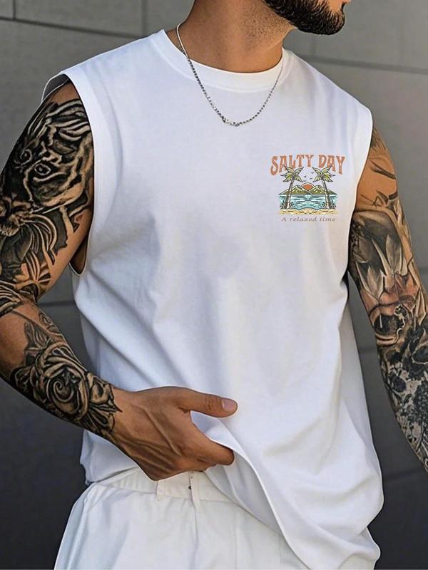 Men's Regular Fit Palm Tree & Mountain Print Tank Top, Casual Street Sleeveless Top for Daily Wear, Men's Clothes for All Seasons, Sleeveless Tank Tops, Socks