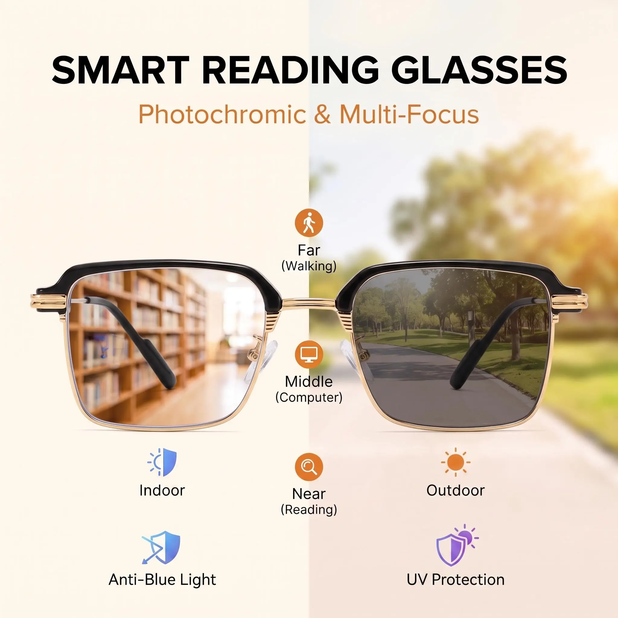 Men Women Photochromic Progressive Reading Glasses, Smart Auto Zoom Anti-Blue Light UV Blocking Eyeglasses, Multi-Focus Transition Readers for Elderly, Ideal for Reading, Screen Time & Outdoor Driving, Great Father’s Day Gift for Grandpa & Dad