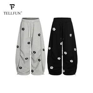 Spring 2026 Men‘s Floral Embroidery Baggy Barrel Sweatpants Elastic Waist Drawstring Casual Cotton Y2K Streetwear Loose Fit Vintage Joggers wide leg pant trouser bottom