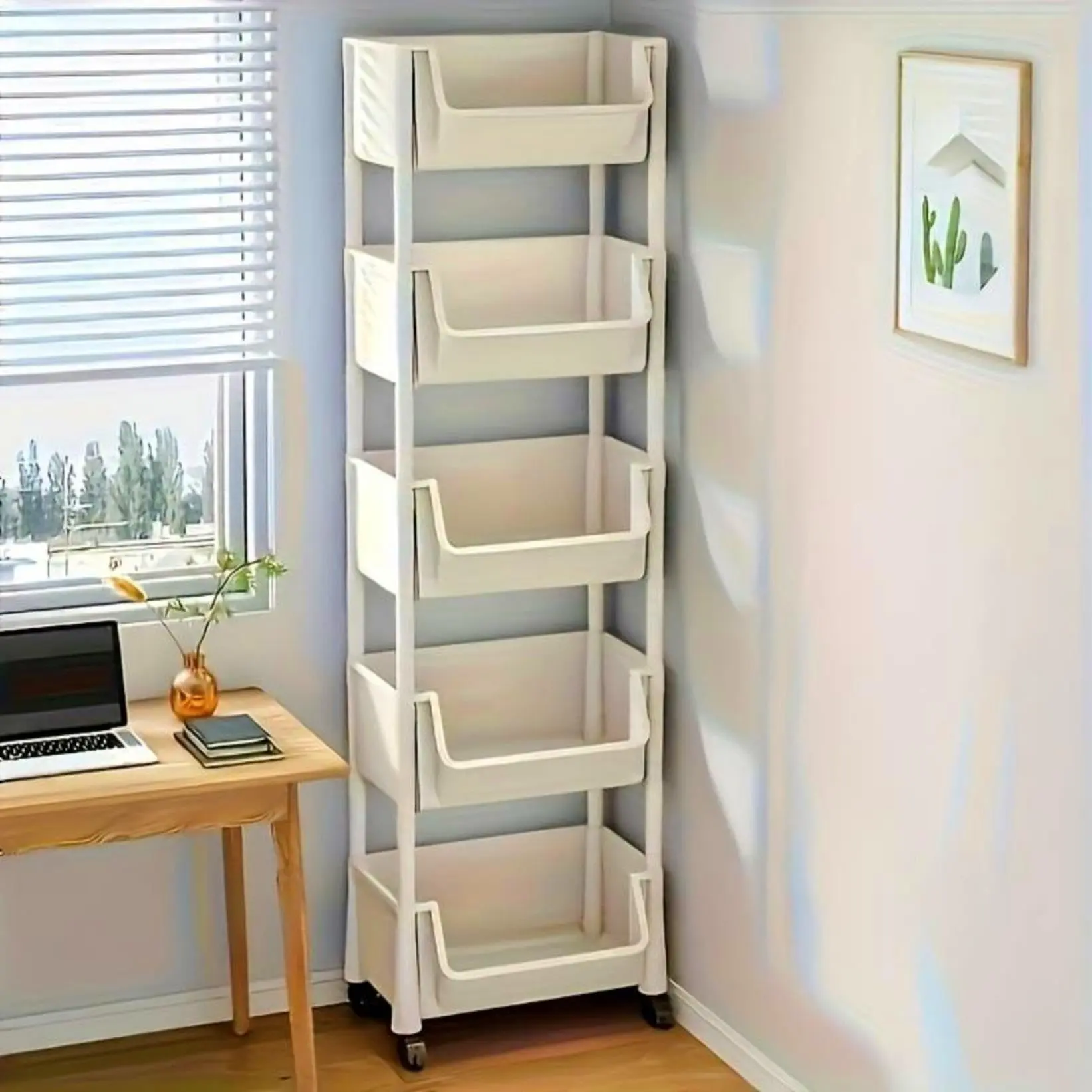 Multifunctional Multi-Layer Plastic Storage Cartwith Wheels, Layered Shelf Organizer for BedroomKitchen Bathroom Living Room  Beige