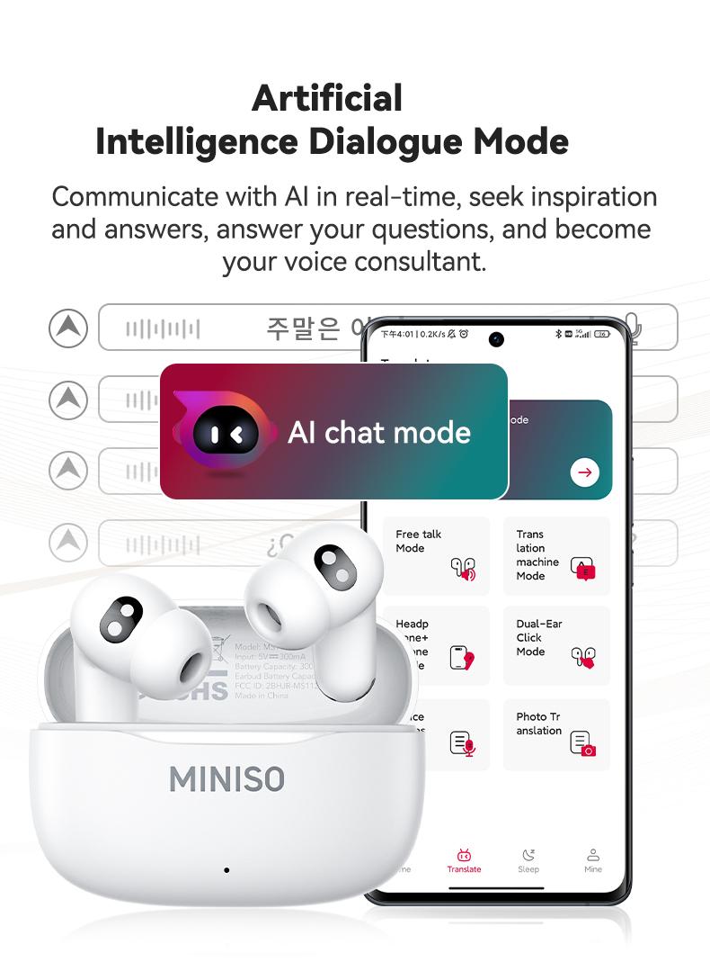 MINISO MS112 Wireless Earphones: Active noise cancellation, real-time translation, heart rate sensing, hearing aid function, Bluetooth connectivity, spatial audio, high-fidelity sound quality, USB-C charging.
