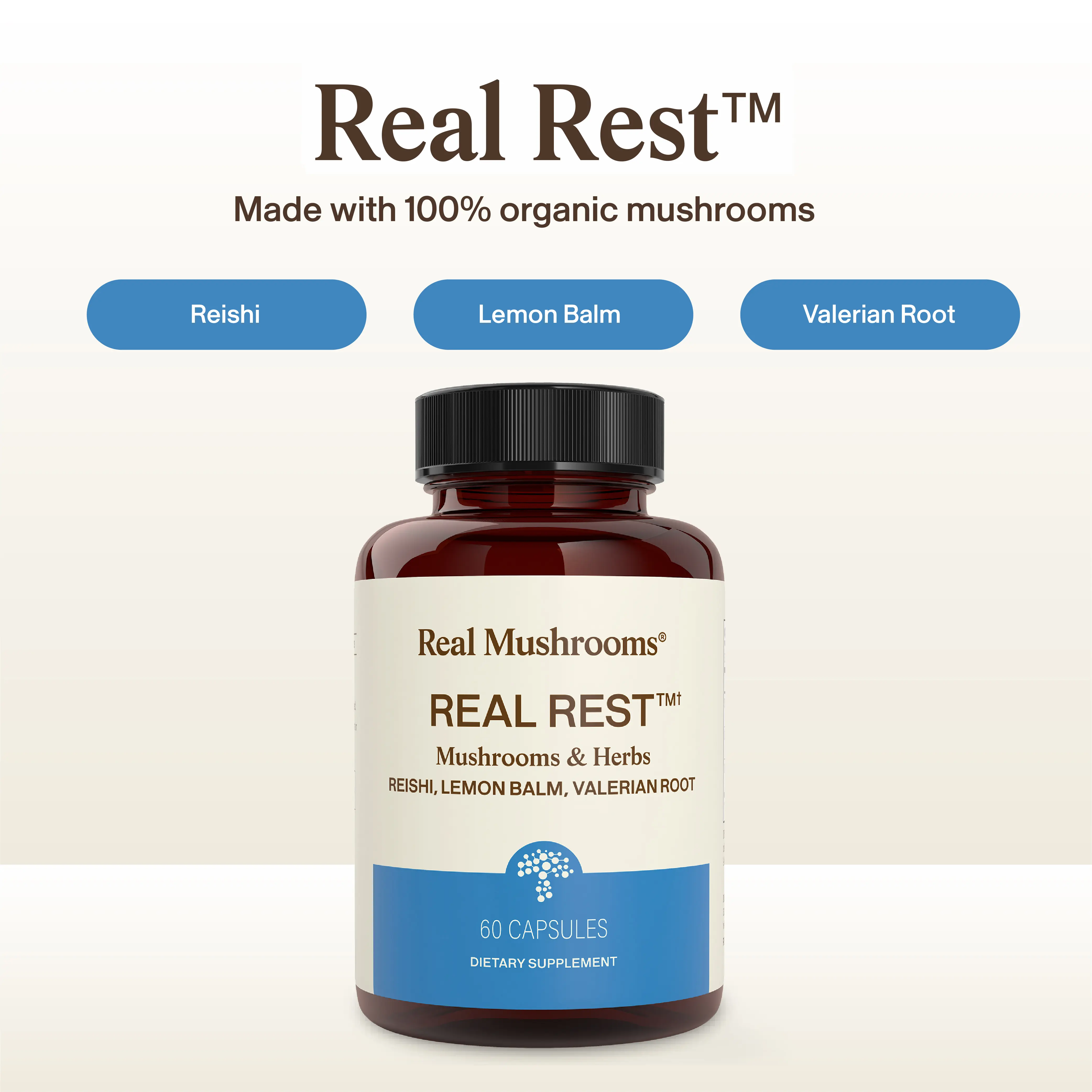Real Mushrooms RealRest Capsules | Reishi, Valerian Root & Lemon Balm | Calming Blend for Relaxation & Evening Wind-Down | Melatonin-Free
