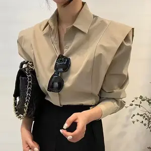 Women Contoure Vintage Shoulder Pad Blouse – Elegant Long Sleeve Shirt Argie Noir