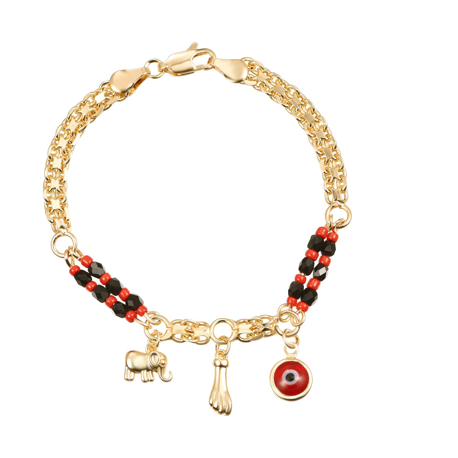Evil Eye Red Eye Bracelet and Anklet with Cross Pendant and Round Bead Chain, 18K Gold Plated