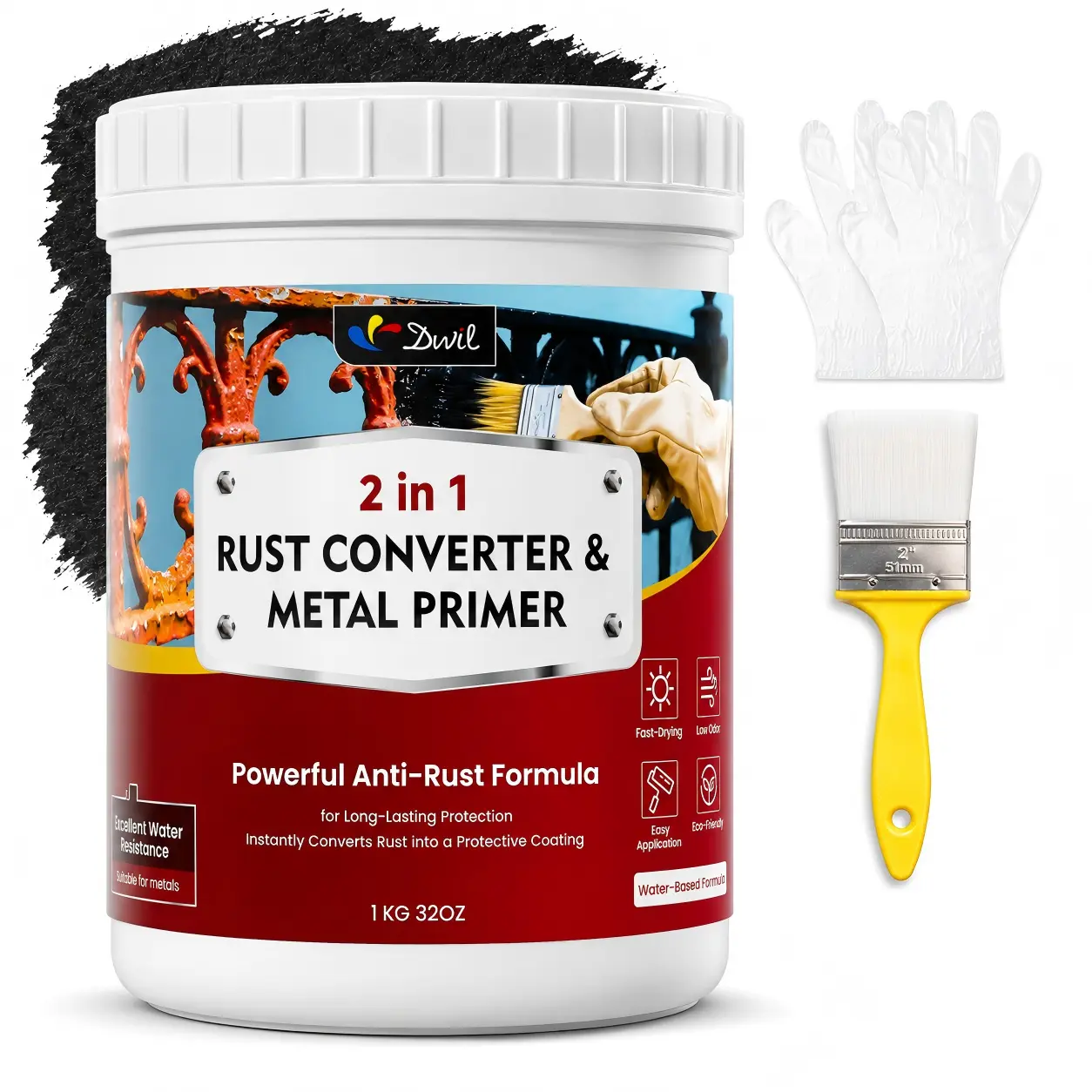 Rust Converter for Metal, 2-in-1 Anti-Rust Primer Paint, Water-Based Rust Inhibitor Coating, No Sanding, Black Finish for Steel, Iron, Fences & Tools