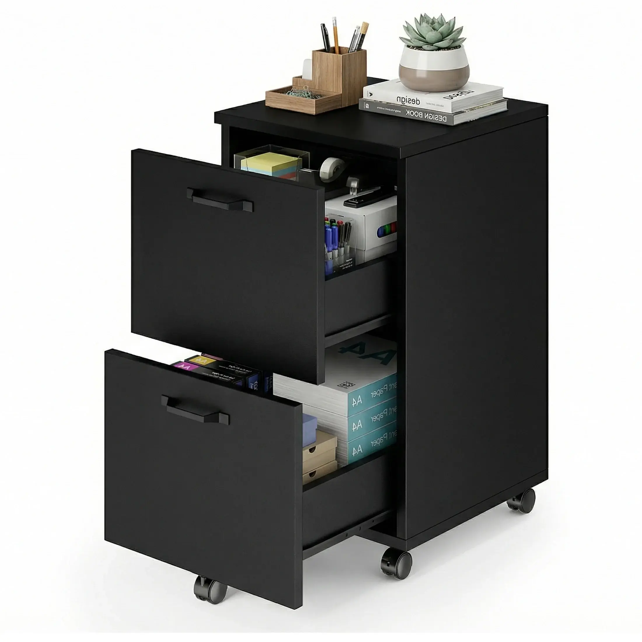 2 Drawer Filing Cabinet, Rolling Wood File Cabinets with Printer Stand Under Desk Storage Lockable Wheels, Home Office Organizer for A4 Letter Legal Size Documents