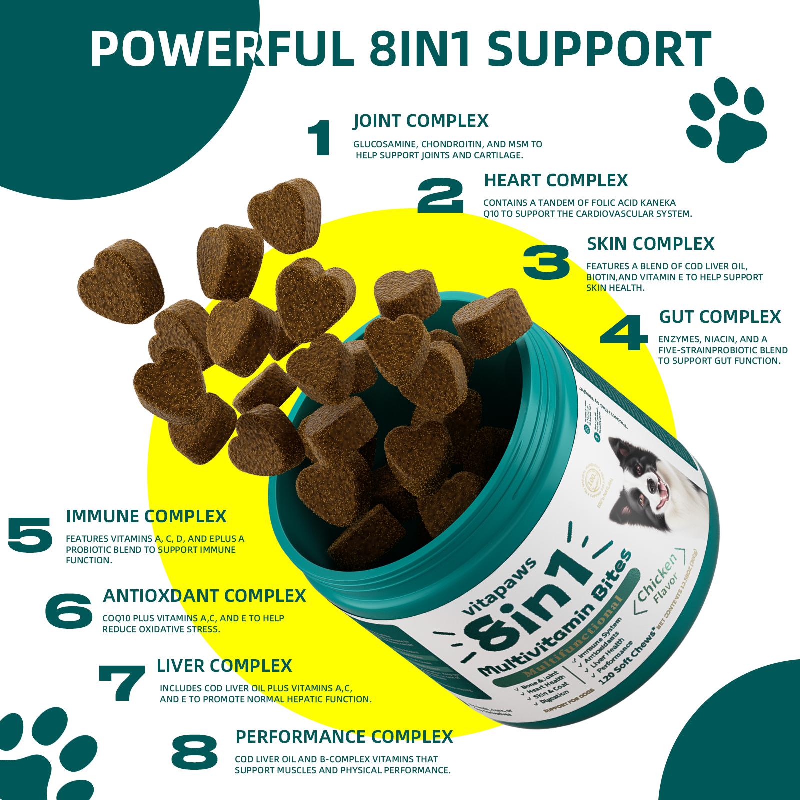 Vitapaws 8in1 Multivitamin Bites for Dogs - 120 Soft Chews with Fish Oil & Chicken Flavor - Supports Muscle Joint Skin & Coat Health