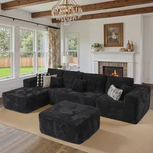 133" Cloud Sectional Couch with Comfy Chaise and Ottoman,Plush Corduroy Boneless Couches for Living Room,U Shaped Sofa in A Box No Assembly Require furniture pillow