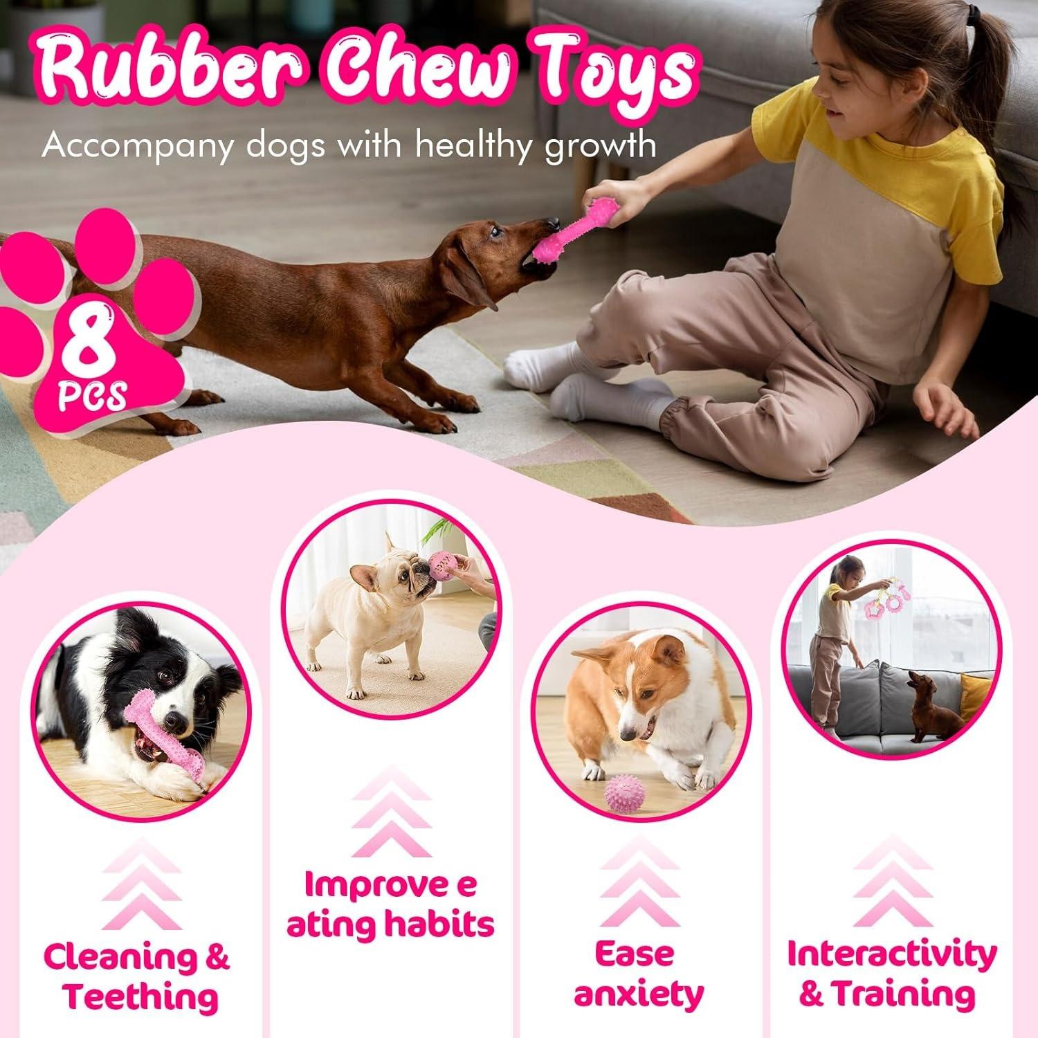 8Pcs Puppy Chew Toys for Teething Small Dogs,Pink Puppy Toys for Teething Treat Interactive to Keep Them Busy,Cute Soft Durable Rubber Toy for Small Dogs,Pet Supplies