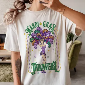 Mardi Gras Throwgirl Shirt, New Orleans Fat Tuesday Tee, Carnival Showgirl Outfit, Purple Green Gold Feather, NOLA Party Top, Women Gift, Tee