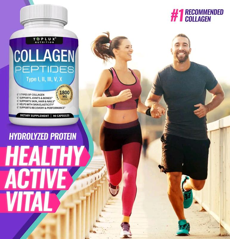 3BE-Toplux Nutrition Collagen Peptides 5 Types Complex 1800mg US Made Dietary Supplement for Health Beauty Fitness 90 Capsules Healthcare Edible Healthy