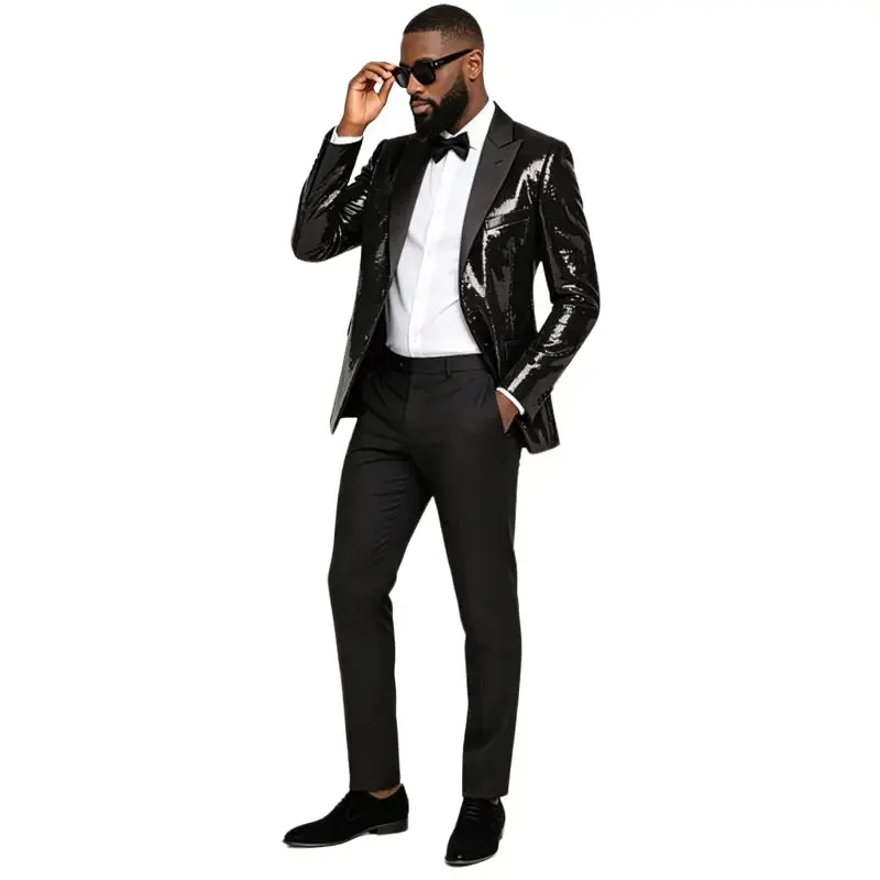 Men's Formal Fitted Long-Sleeve Single-Button Sequin-Embellished Shiny Tuxedo Blazer - Menswear for Prom, Halloween Costumes