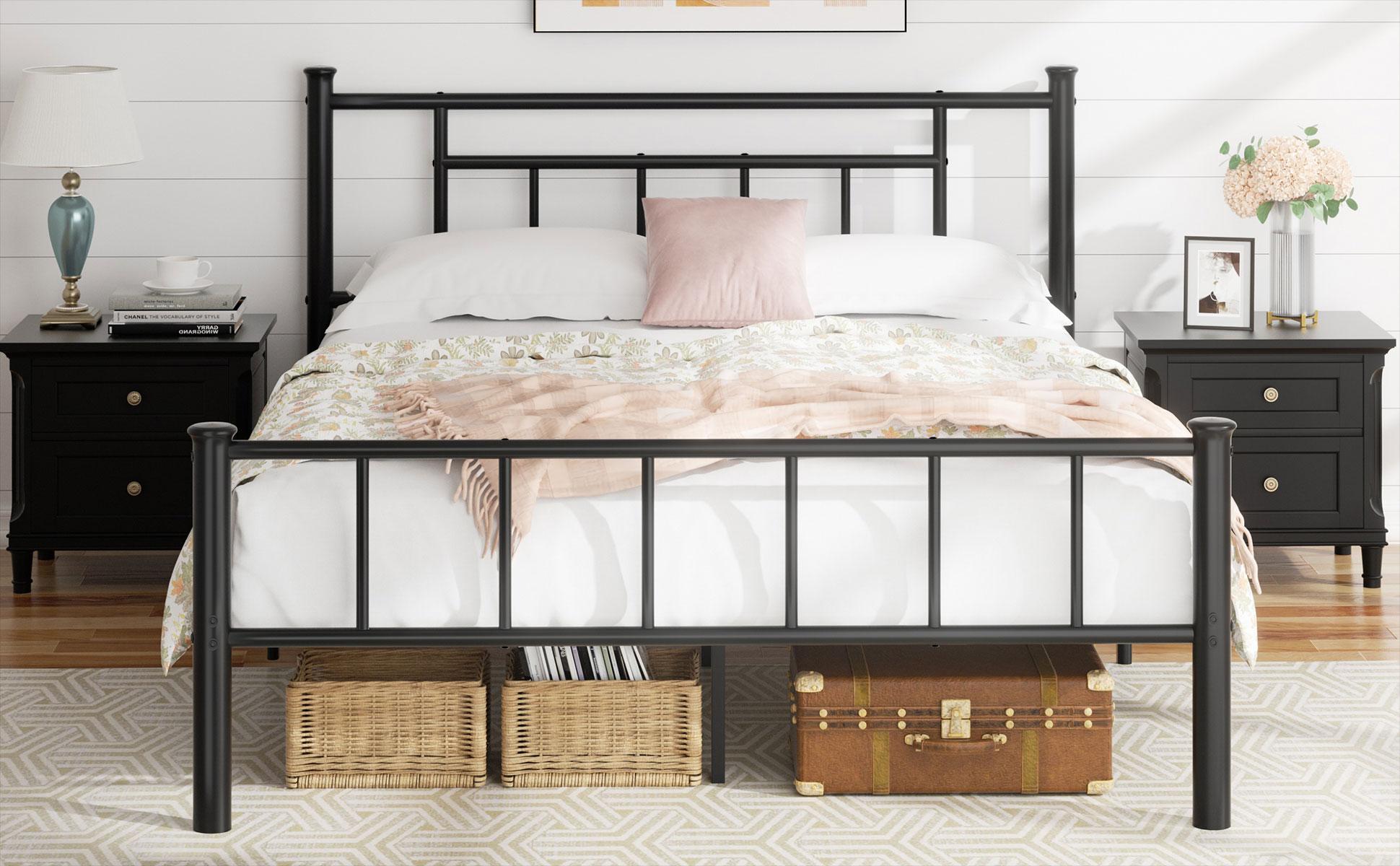 Walsunny Platform Minimalist Bed Frame with Classic Design Headboard and Footboard, Strong Metal Slat Support & Underbed Storage Space, Black Queen Size