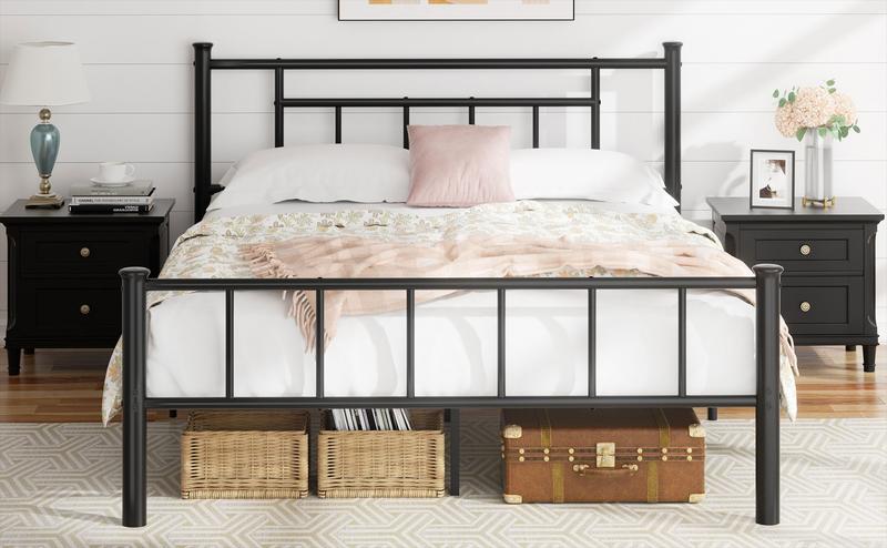 Walsunny Platform Minimalist Bed Frame with Classic Design Headboard and Footboard, Strong Metal Slat Support & Underbed Storage Space, Black Queen Size