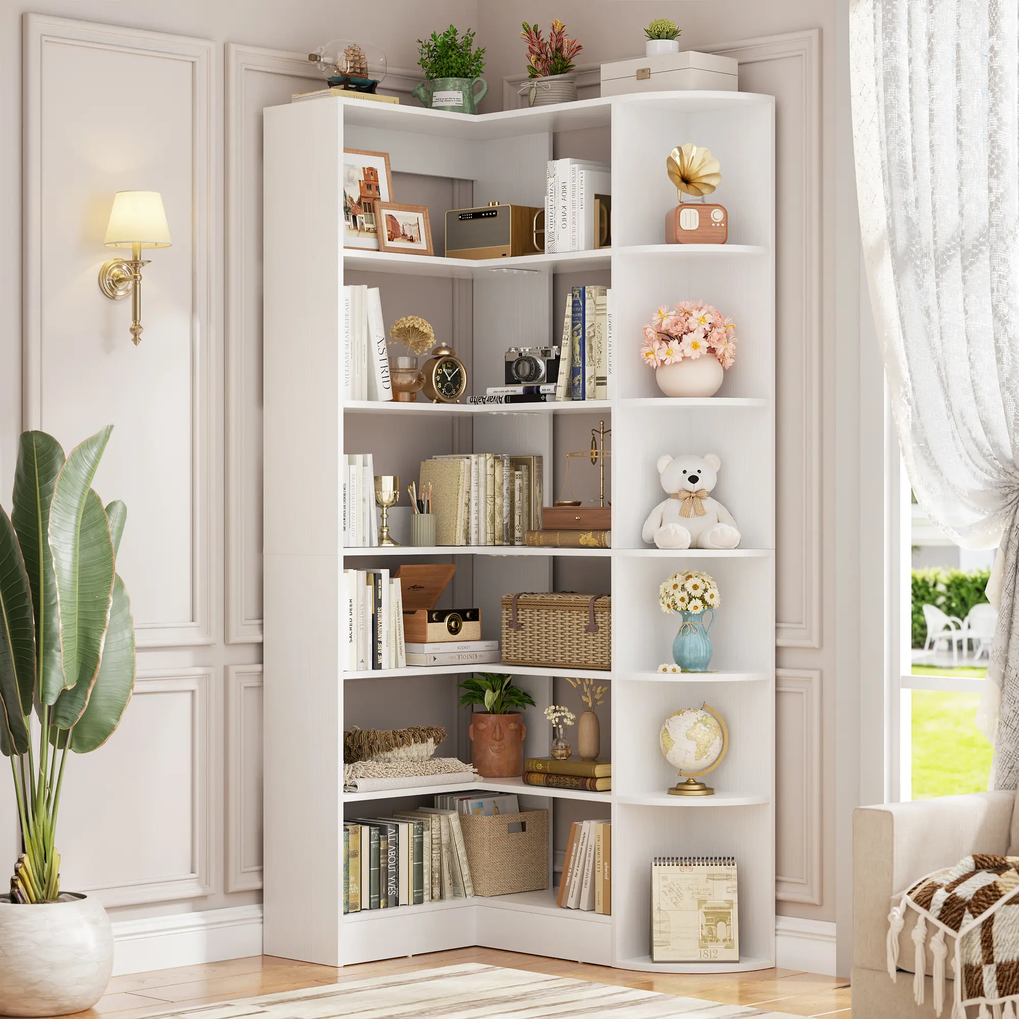 6-Tier Corner Bookshelf, 71" Freestanding L-Shaped Book Shelf with Baffle, Sturdy Corner Open Display Shelf Bookcase for Home Office Living Room,dorm essentials,home decor